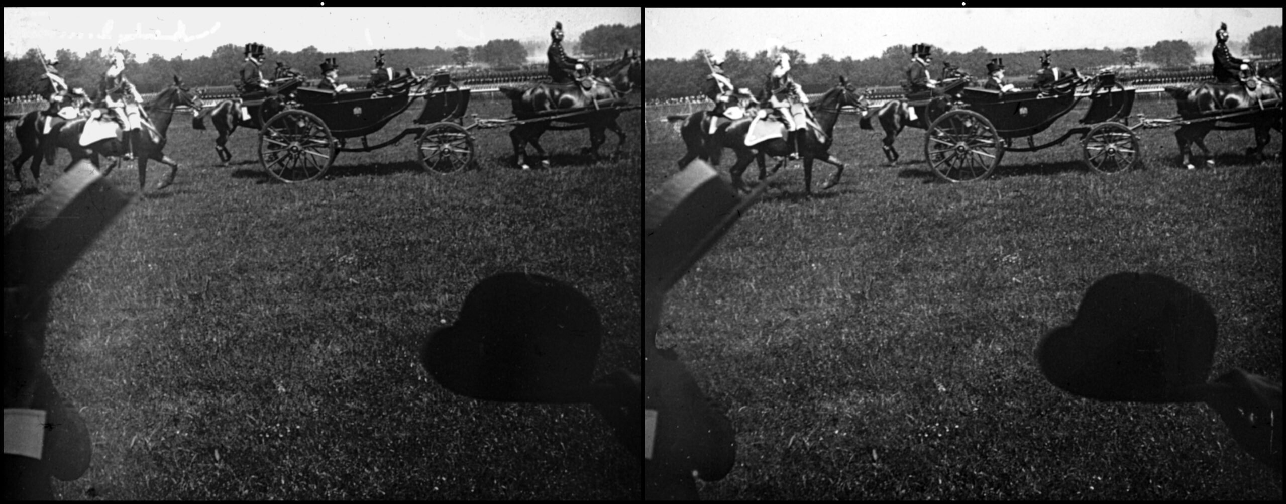 visite du Roi Espagne Alphonse13 à Vincennes en 1905 : pdt en voiture & roi a cheval