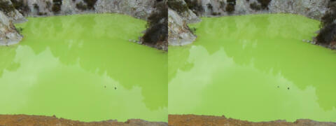 Wai-O-Tapu. Le Bain du Diable. La couleur résulte d'un mélange de sels sulfureux et ferreux.
